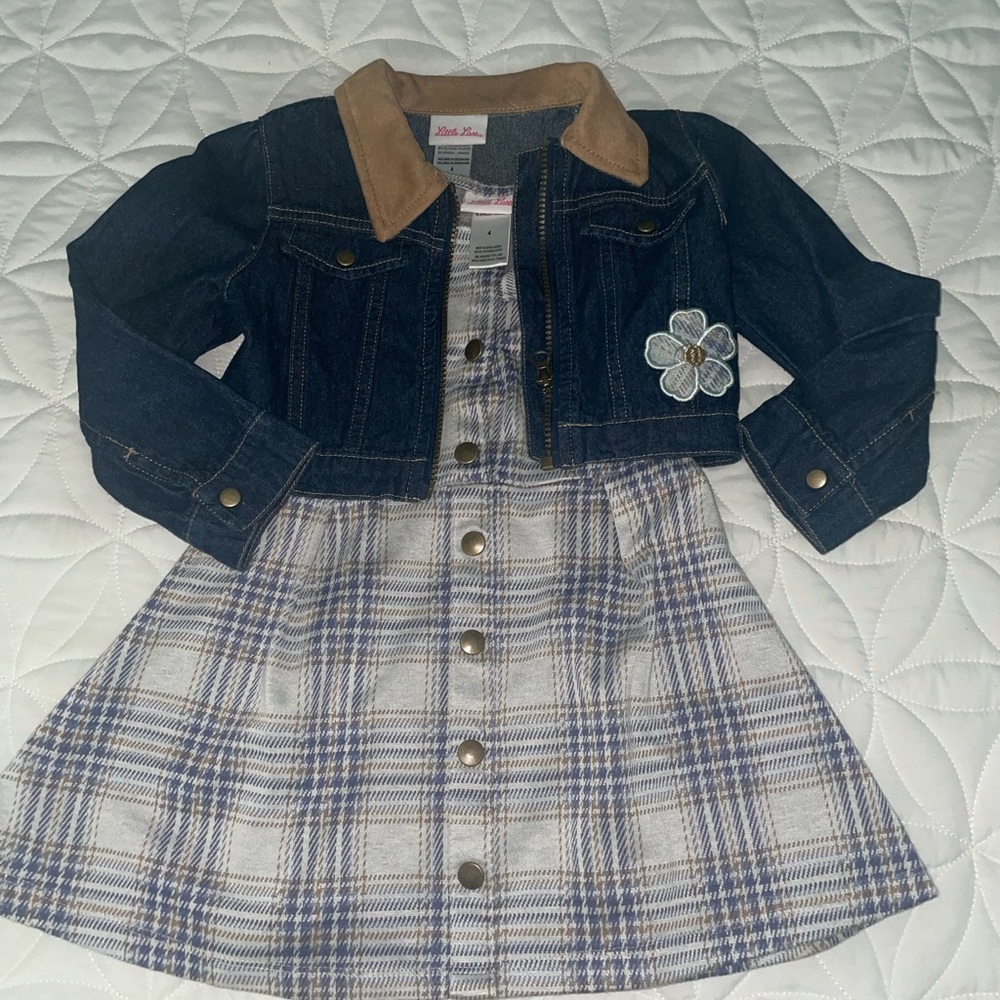 Little Lass Denim Jacket with Plaid Dress